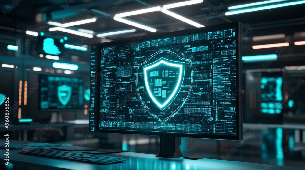 Blue shield on monitor in business office. Secure access to data, online digital network lock, information protection technology, device firewall antivirus. Blue shield on monitor in business office. Secure access to data, online digital network lock, information protection technology, device firewall antivirus.