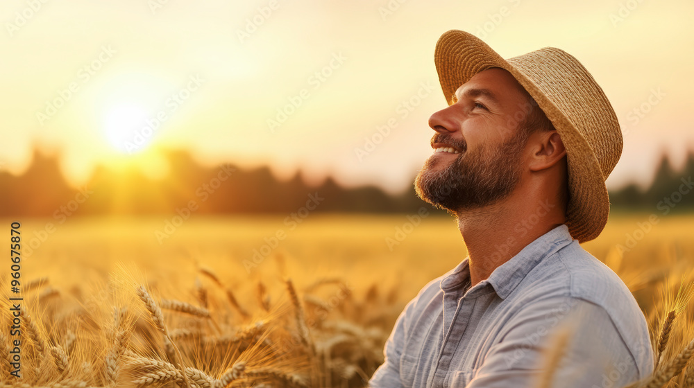 A man wearing a straw hat smiles while standing in a golden wheat field at sunset, enjoying the serene landscape and warm, natural light. A man wearing a straw hat smiles while standing in a golden wheat field at sunset, enjoying the serene landscape and warm, natural light.