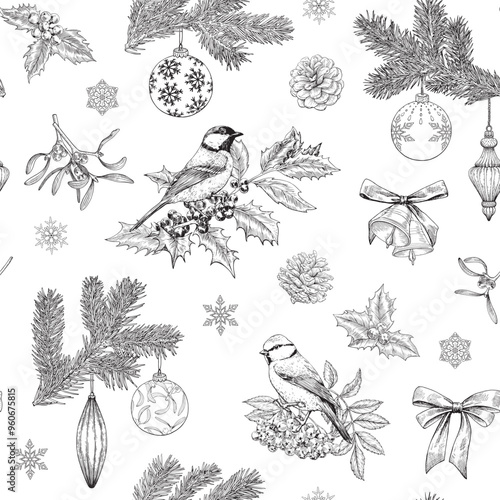 Christmas Vintage seamless pattern with tit birds fir twig mistletoe bells balls bows snowflakes Hand drawn Vector background for design holidays package, paper, new year decor Black white. Monochrome