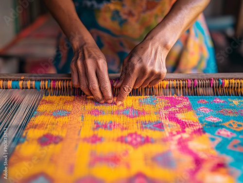 Ikat weaving in progress, a skilled artisan’s hands working on a traditional loom, brightly colored threads partially dyed with intricate patterns