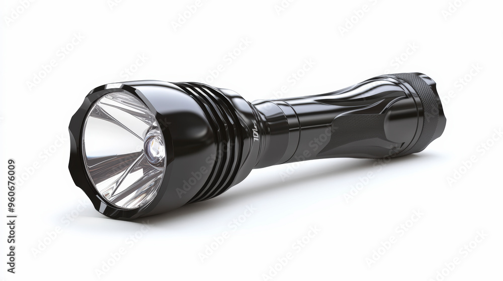 A sleek black flashlight with a wide, reflective lens, designed for powerful illumination in various dark settings and outdoor adventures. A sleek black flashlight with a wide, reflective lens, designed for powerful illumination in various dark settings and outdoor adventures.