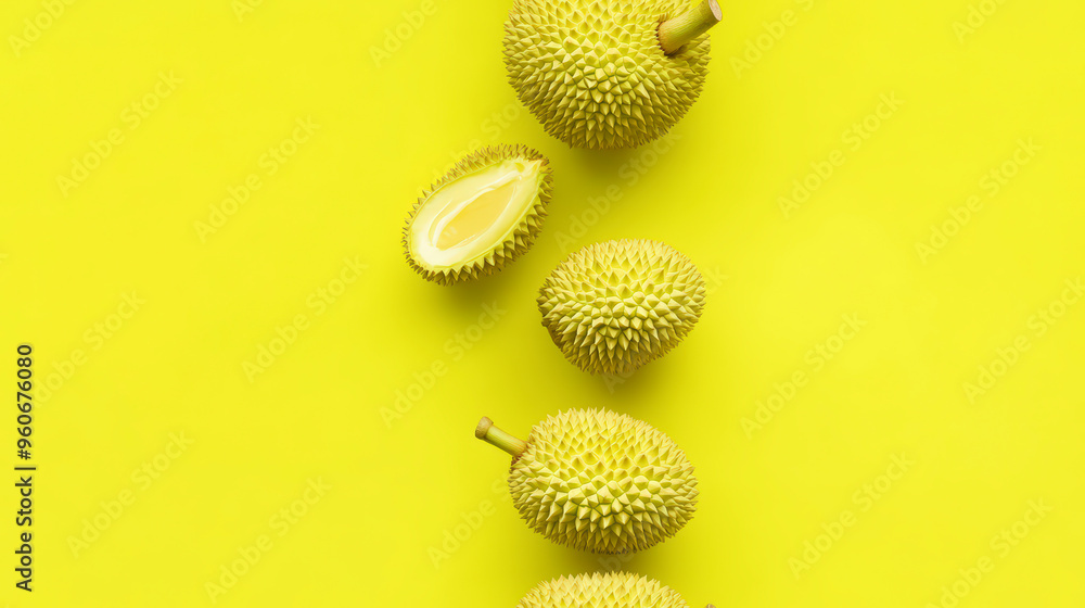 A vibrant arrangement of five durians, one sliced open, on a bright yellow background, highlighting their spiky texture and tropical nature. A vibrant arrangement of five durians, one sliced open, on a bright yellow background, highlighting their spiky texture and tropical nature.