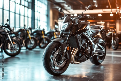 A stunning black motorcycle takes center stage in a contemporary showroom, illuminated by sunlight streaming through expansive windows