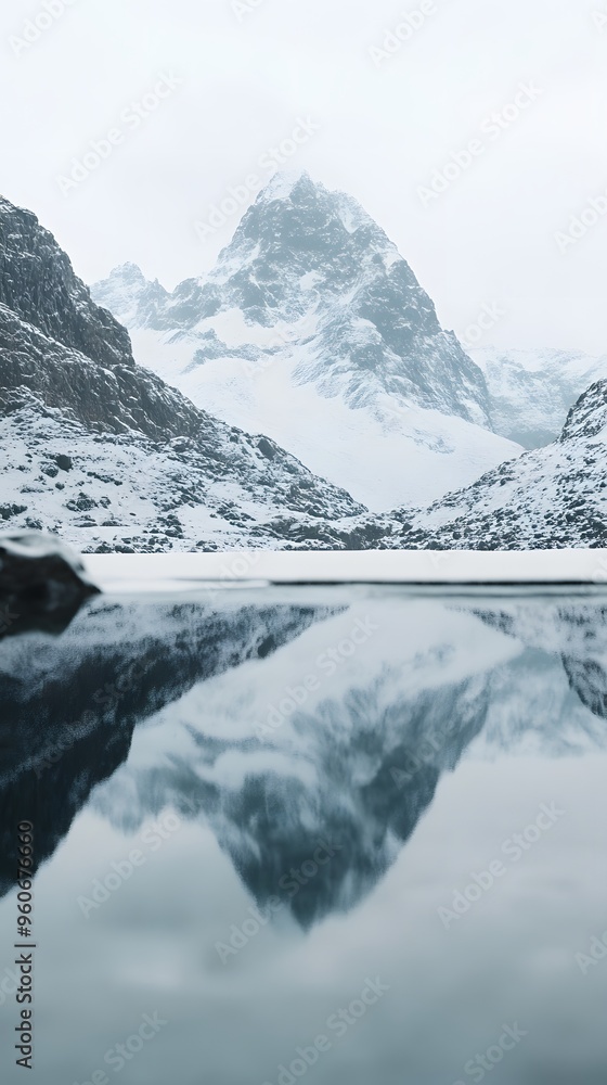Fototapeta premium A cinematic still of snow-covered mountains reflecting in the calm waters, creating an ethereal and serene atmosphere