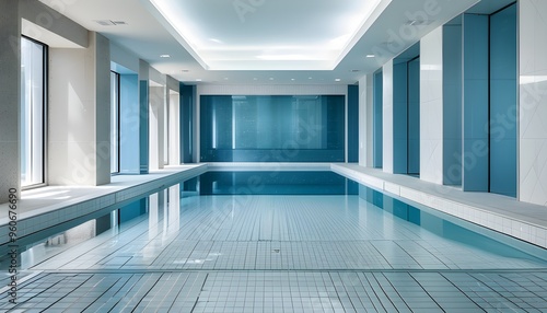 Tranquil empty pool with light blue tiled walls, serene water feature, and a refreshing blue and white color palette