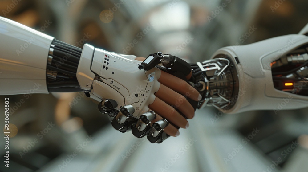 Human and Robot Handshake - Collaboration and Future Technology Stock ...