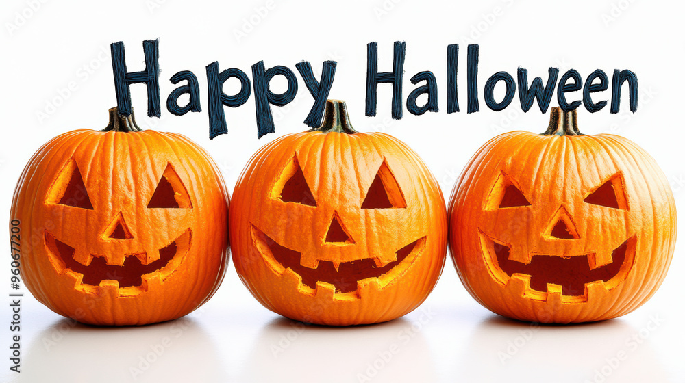 Three Carved Pumpkins with Happy Halloween Tex Three Carved Pumpkins with Happy Halloween Tex