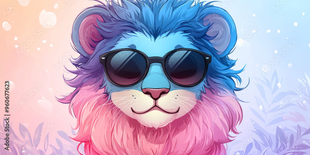 Obraz premium A cartoon lion with blue and pink fur, wearing sunglasses and looking cool.