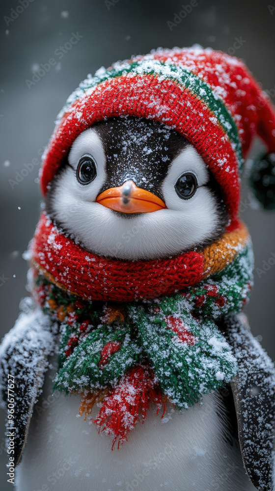 Penguin in a Red and Green Scarf with Snow Falling
Penguin in a Red and Green Scarf with Snow Falling
