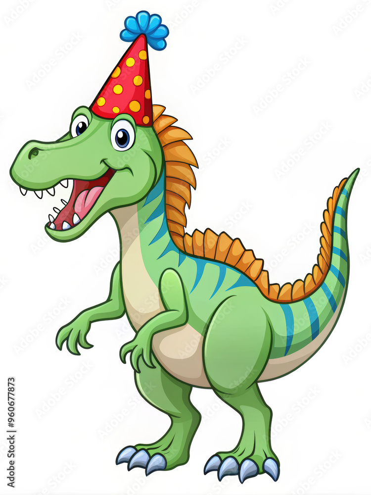 Fototapeta premium Cartoon Dinosaur Wearing a Party Hat with a Happy Expression 