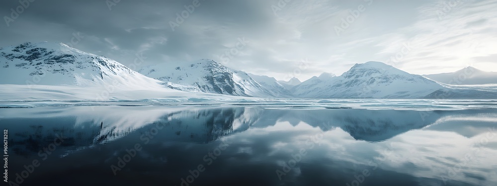 A cinematic still of snow-covered mountains reflecting in the calm waters, creating an ethereal and serene atmosphere A cinematic still of snow-covered mountains reflecting in the calm waters, creating an ethereal and serene atmosphere