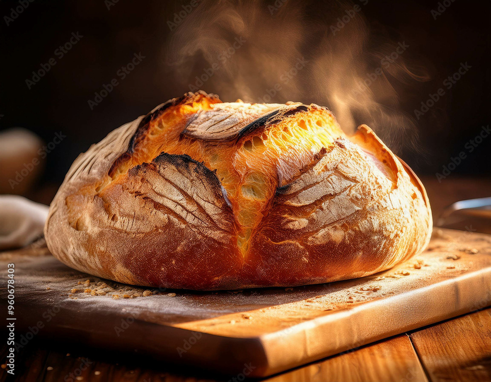 An artisan bread loaf fresh out of the oven, with steam rising and a crisp, golden crust, pl An artisan bread loaf fresh out of the oven, with steam rising and a crisp, golden crust, pl