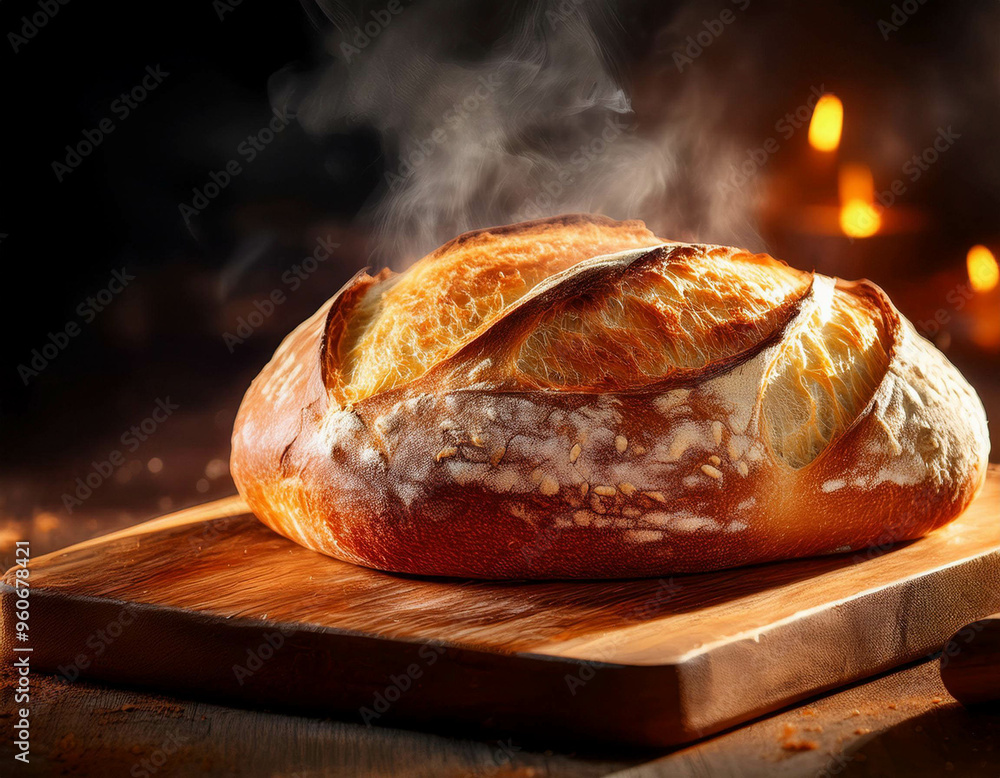 An artisan bread loaf fresh out of the oven, with steam rising and a crisp, golden crust, pl An artisan bread loaf fresh out of the oven, with steam rising and a crisp, golden crust, pl