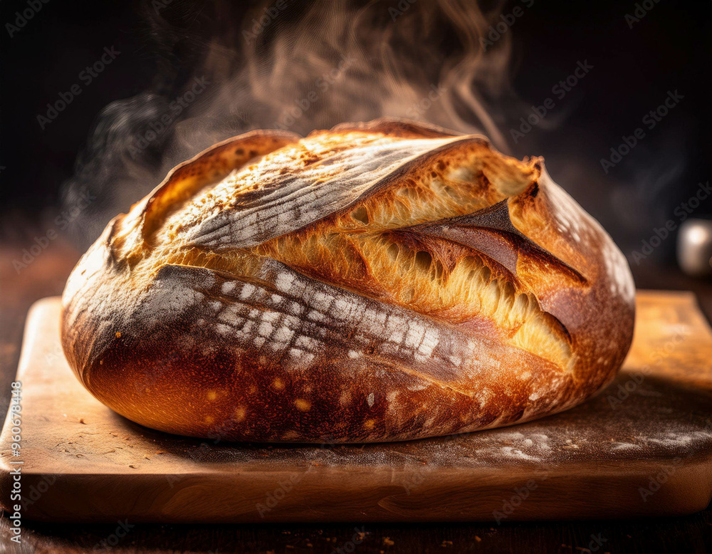 An artisan bread loaf fresh out of the oven, with steam rising and a crisp, golden crust, pl An artisan bread loaf fresh out of the oven, with steam rising and a crisp, golden crust, pl