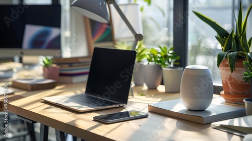 Wallpaper Mural Modern Home Office Workspace with Laptop, Smart Speaker and Plants Torontodigital.ca