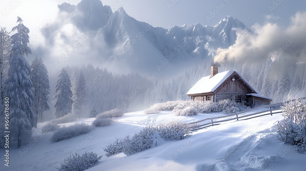 snowy winter landscape with a wooden house and smoke coming from the chimney snowy winter landscape with a wooden house and smoke coming from the chimney