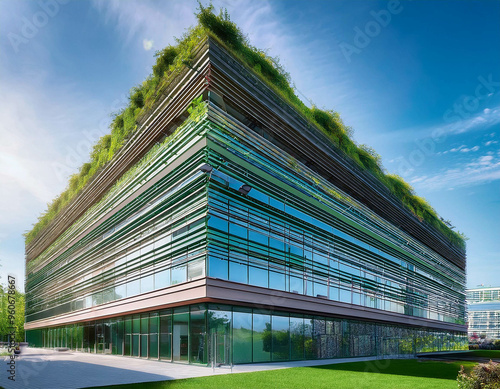 An eco-friendly office building with green roofs, rainwater harvesting systems, and energy-e photo