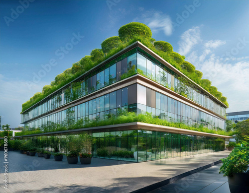 An eco-friendly office building with green roofs, rainwater harvesting systems, and energy-e photo