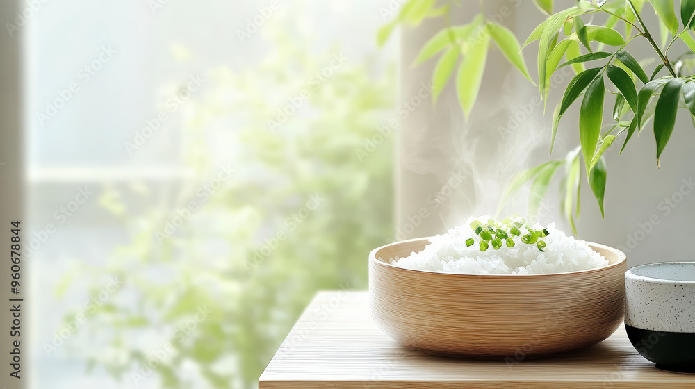 A steaming bowl of rice garnished with green peas sits on a wooden table, surrounded by soft natural light and lush greenery. A steaming bowl of rice garnished with green peas sits on a wooden table, surrounded by soft natural light and lush greenery.