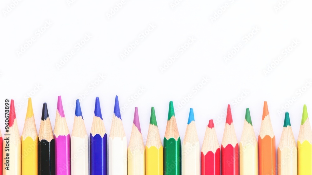 A delightful array of colored pencils in various shades rests on a pristine white background, inviting creativity and artistic expression at all hours A delightful array of colored pencils in various shades rests on a pristine white background, inviting creativity and artistic expression at all hours