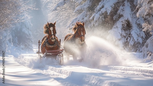 winter wonderland scene with a horse-drawn sleigh photo