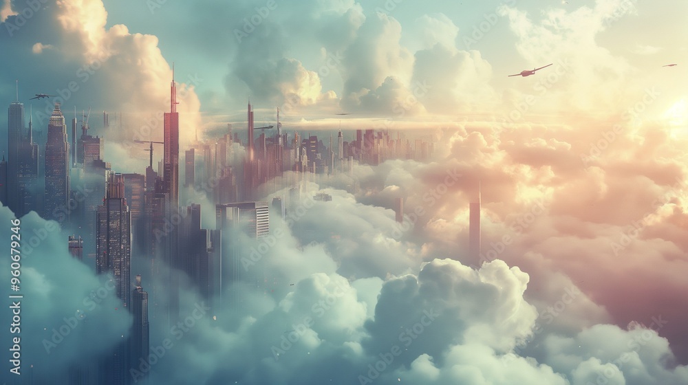 Fototapeta premium city in the clouds with floating buildings and flying cars
