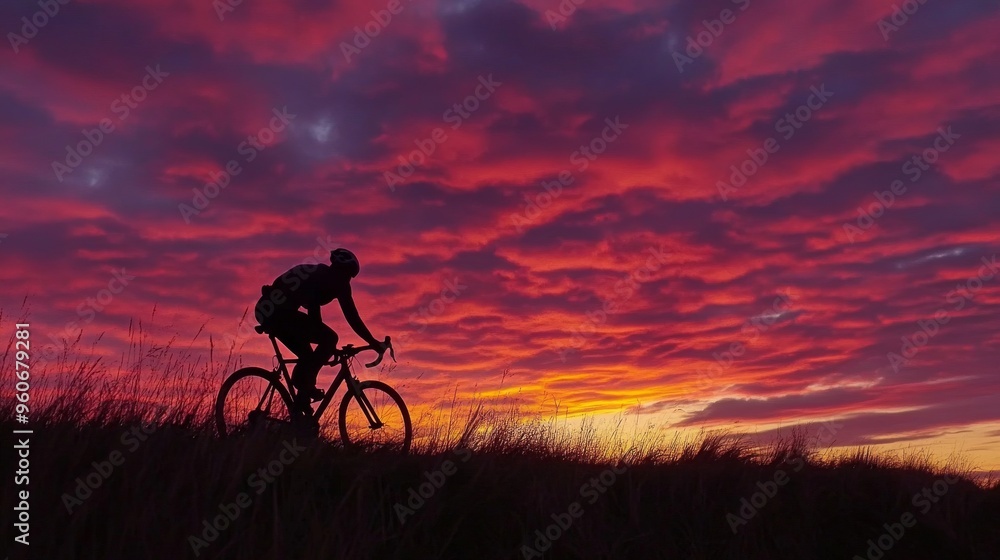Obraz premium Back view silhouette shadow of a cyclist riding a bicycle on asphalt road at dusk sunset. Summer outdoor sport activity lifestyle, healthy male evening travel.