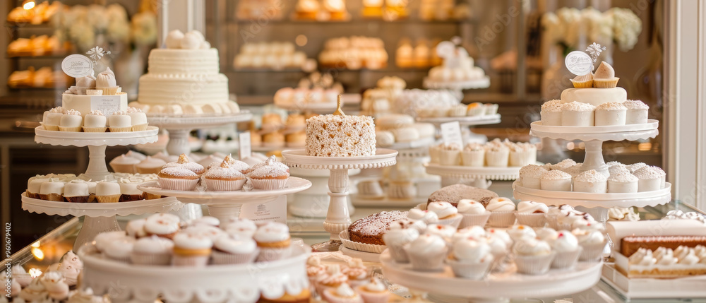 A decadent display of a wedding cake and a variety of pastries elegantly presented in a well-lit patisserie setting. A decadent display of a wedding cake and a variety of pastries elegantly presented in a well-lit patisserie setting.