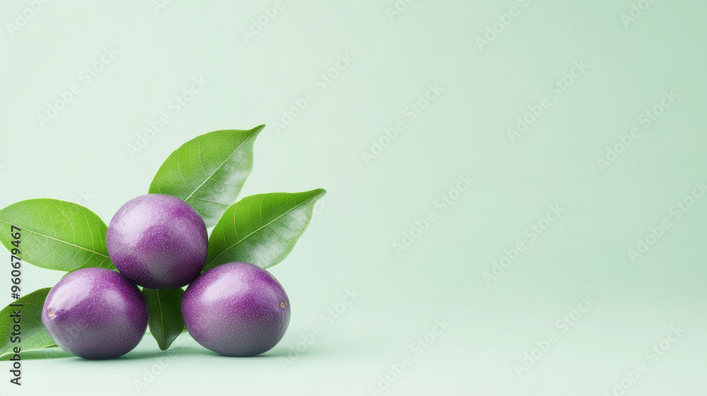Three vibrant purple fruits with green leaves are arranged against a pale green background, creating a visually appealing and fresh composition. Three vibrant purple fruits with green leaves are arranged against a pale green background, creating a visually appealing and fresh composition.