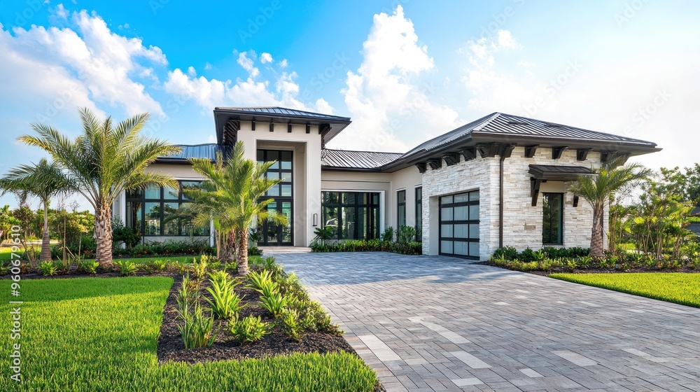 Fototapeta premium Modern Luxury Home with Palm Trees and Driveway