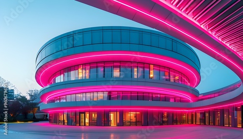 Contemporary architecture featuring a curved facade bathed in vibrant pink neon glow photo