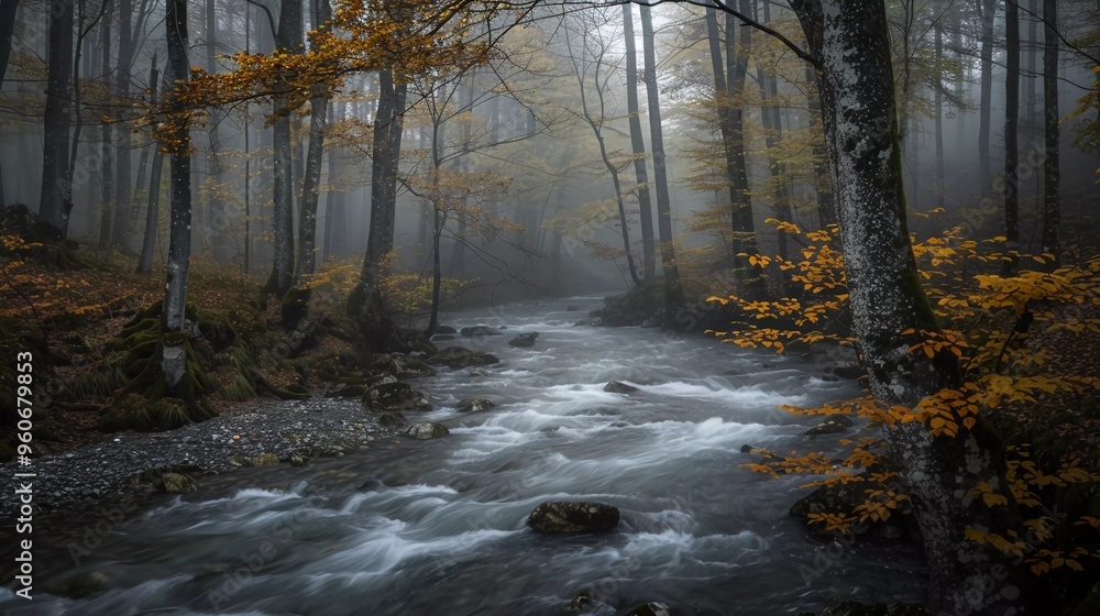 a large river in the middle of a foggy magical forest landscape illustration a large river in the middle of a foggy magical forest landscape illustration