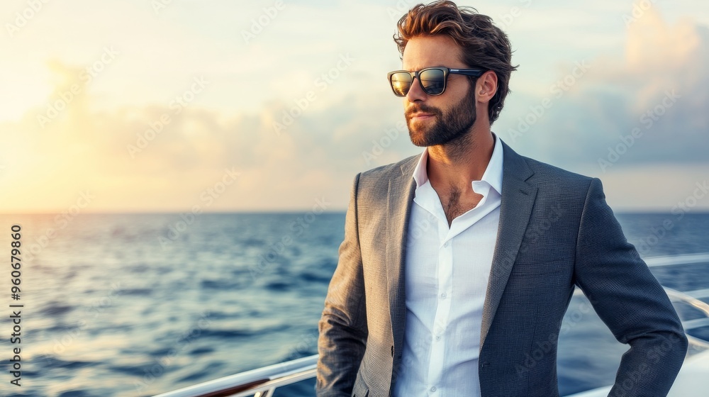 An handsome young businessman stands on a private yacht boat at sunset. A luxury summer vacation on the water, rich and wealthy owners. An handsome young businessman stands on a private yacht boat at sunset. A luxury summer vacation on the water, rich and wealthy owners.