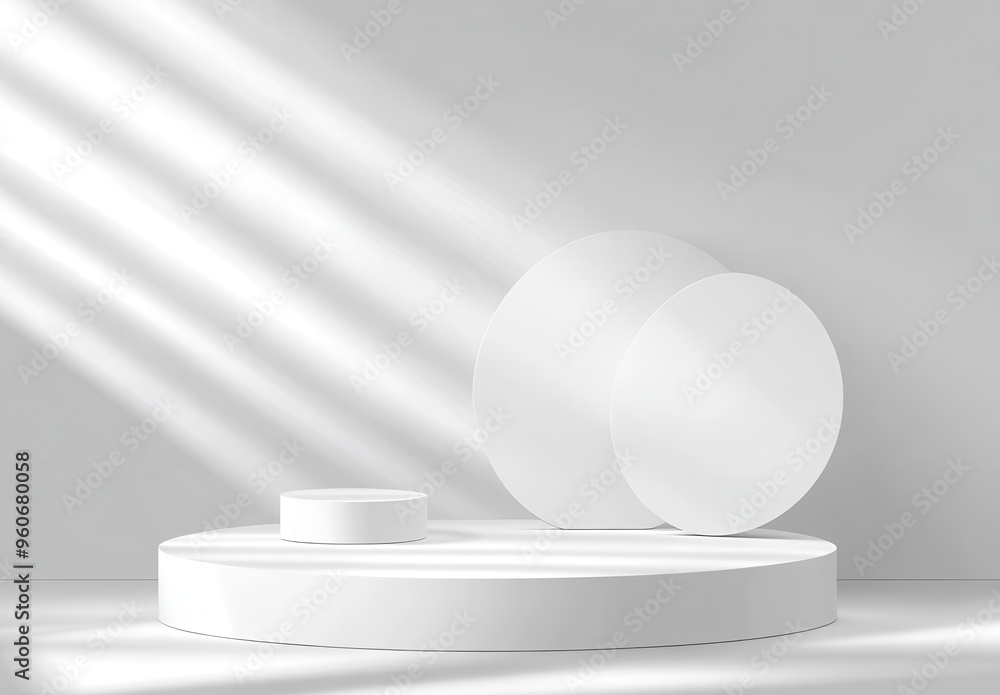 White podium or pedestal, with round and square shapes against a soft light background White podium or pedestal, with round and square shapes against a soft light background