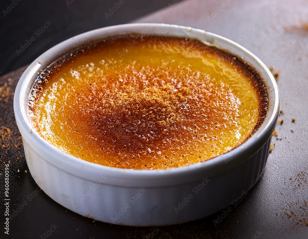 The crunchy, caramelized sugar topping on a cr?me br?l?e, with a deep golden color. The crunchy, caramelized sugar topping on a cr?me br?l?e, with a deep golden color.