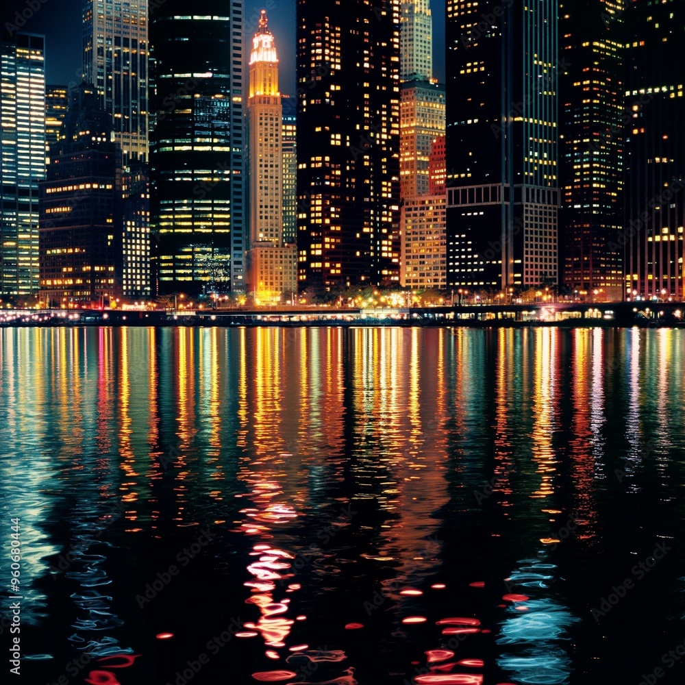 Fototapeta premium abstract background with A nighttime cityscape with brightly lit skyscrapers reflecting