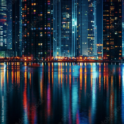 abstract background with A nighttime cityscape with brightly lit skyscrapers reflecting