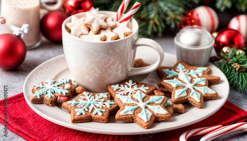 Wallpaper Mural White plate with cookies decorated with snowflakes, placed on a table with a cup of coffee and a Christmas tree in the background. Torontodigital.ca