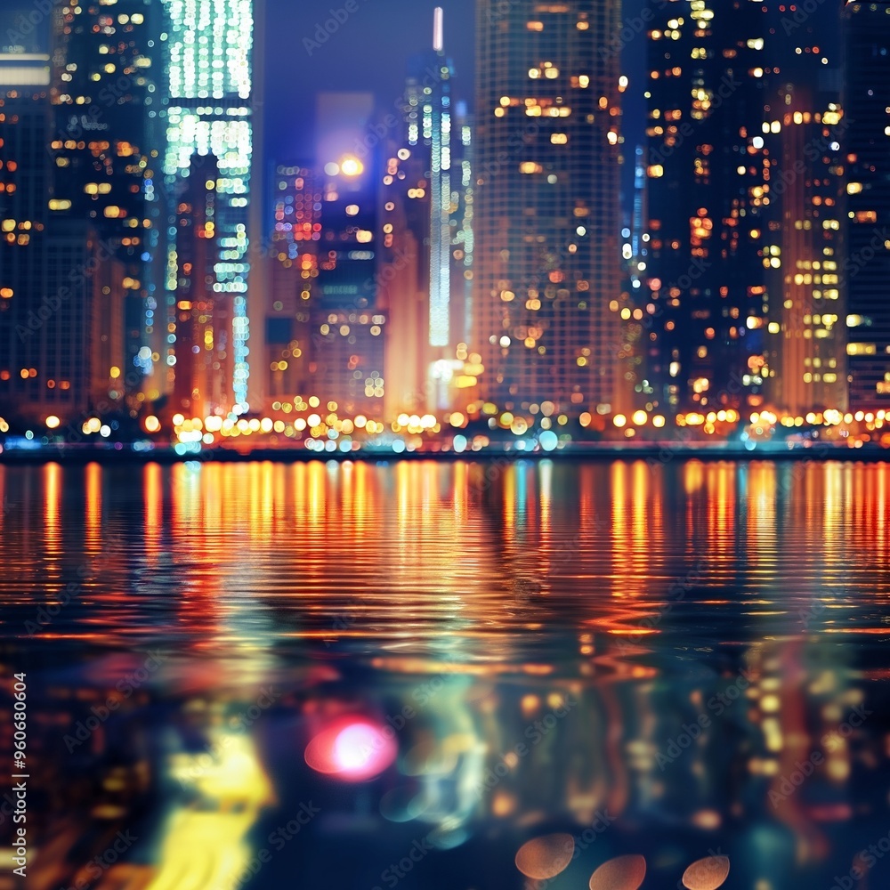 Fototapeta premium abstract background with A nighttime cityscape with brightly lit skyscrapers reflecting