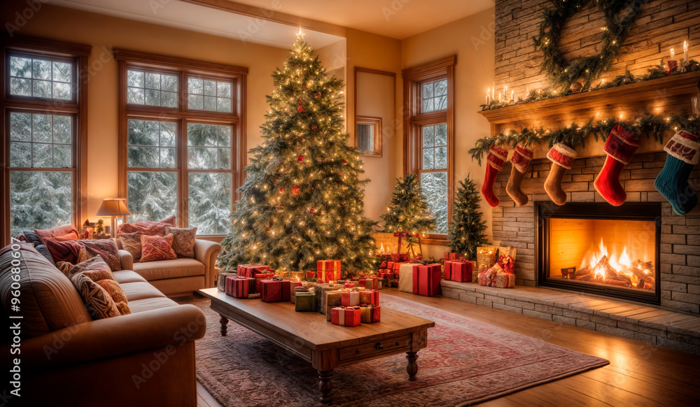 A cozy Christmas scene with a lit fireplace, a wooden coffee table with presents, and a beautifully decorated tree in the background. A cozy Christmas scene with a lit fireplace, a wooden coffee table with presents, and a beautifully decorated tree in the background.