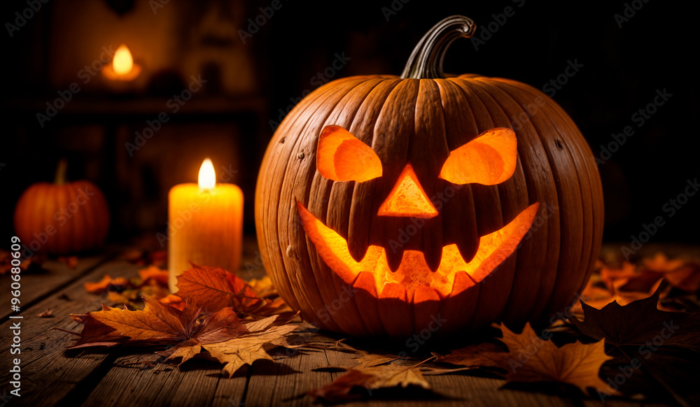 Obraz premium A jack-o-lantern with a ghostly smile on a wooden table, surrounded by autumn leaves.