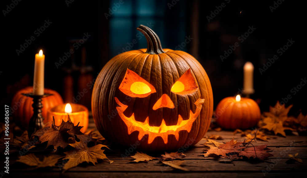 a pumpkin carved into a jack-o'-lantern with a lit candle inside, placed on a table with autumn leaves scattered around it. a pumpkin carved into a jack-o'-lantern with a lit candle inside, placed on a table with autumn leaves scattered around it.