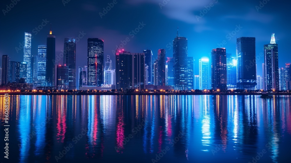 Fototapeta premium abstract background with A nighttime cityscape with brightly lit skyscrapers reflecting