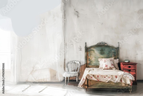 A whimsical illustration of a bedroom with a floral bed and whitewashed walls. Children's Book Illustration