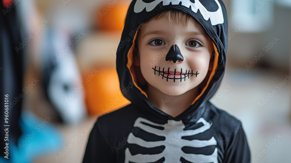 Fototapeta premium Little boy in skeleton costume for Halloween. Close-up portrait of child with face paint in spooky outfit. Halloween celebration and costume party concept for holiday design.