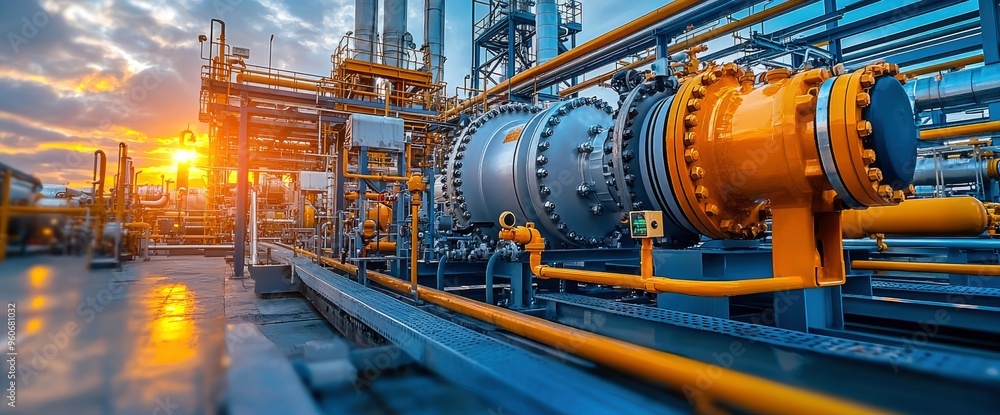 Industrial Refinery Sunset with Piping and Valves Industrial Refinery Sunset with Piping and Valves