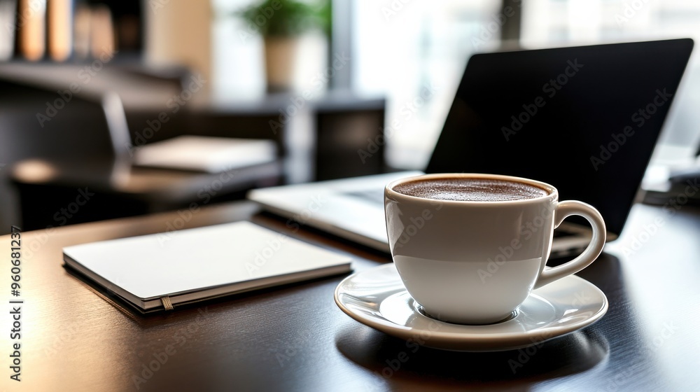 A cozy workspace invites productivity as a steaming cup of coffee rests next to an open laptop, with a notepad ready for notes, creating a serene atmosphere A cozy workspace invites productivity as a steaming cup of coffee rests next to an open laptop, with a notepad ready for notes, creating a serene atmosphere