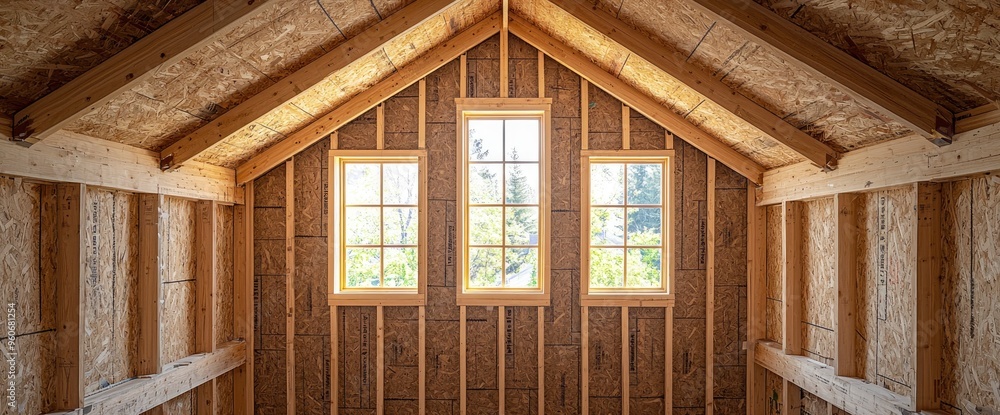 Obraz premium Three Windows In A New House Under Construction