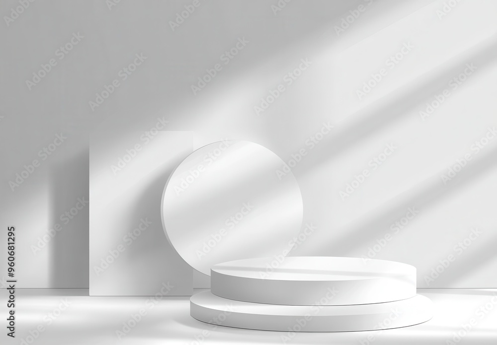 White podium or pedestal, with round and square shapes against a soft light background White podium or pedestal, with round and square shapes against a soft light background