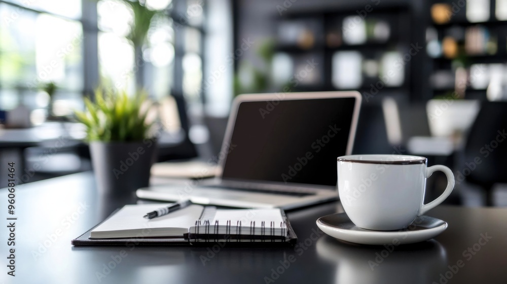 A minimalist work area showcases a laptop, a steaming cup of coffee, and a notepad, inviting productivity and relaxation in a stylish environment A minimalist work area showcases a laptop, a steaming cup of coffee, and a notepad, inviting productivity and relaxation in a stylish environment